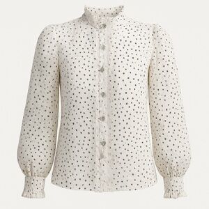 Vici White Lace Polka Dot Rhinestone Button Blouse Puff Sleeve Feminine Top M